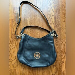 Michael Kors Black Leather Shoulder Bag with Gold MK Accent